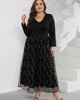 Plus Size Women Casual V Neck Long Sleeve Polka Dot Printed Pattern Swing Long Dress