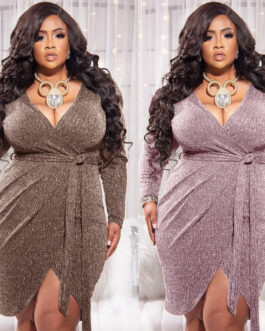 Plus Size Deep V Plunge Plunge Long Sleeve Dress Women Bright Silk Lace-up Sheath Sexy Mini Dress