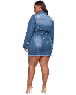 Plus Size Popular Autumn Winter Women Ripped Breasted Slim Denim  Dress