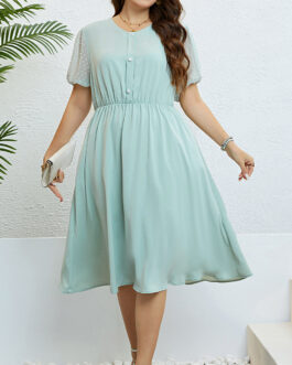 Plus Size Popular Summer Light Green Round Neck Waist Trimming Slimming Dress