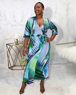 Plus Size Women Clothes Digital Printing Dress Over The Knee V Neck Lace Up Maxi Dress