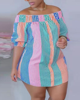 Plus Size Women Short Office Printed Striped off-Shoulder Western Shirt