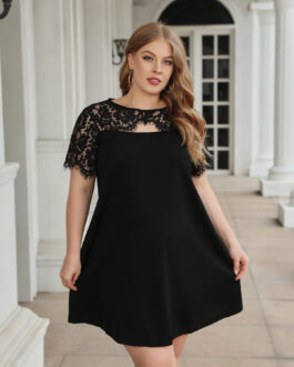Plus Size Women Solid Color Lace A line Dress