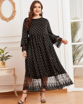 Plus Size Women round Neck Flared Long Sleeve Bronzing Dotted Prints Lace Stitching Waist-Slimming Muslim Maxi Dress
