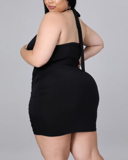 Plus Size Women Clothes Retro Slim Fit Waist One-Step Dress Office Halter Tube Top Dress