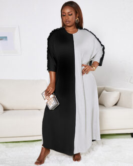 Plus Size Women Clothes Color Matching Lace Long Sleeve Dress Pullover Dress