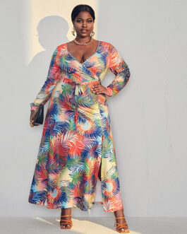Plus Size Nnew   Women Clothes Dress Swing Printed Long Sleeve Split Belted Dress