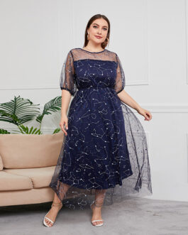 Plus Size New French Hepburn Dress Women Mesh Banquet Party Maxi Dress Prom Dresses
