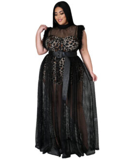 Plus Size Women Clothing Elegant See-through Sexy Mesh Maxi Dress  Dress Two-Piece Suit