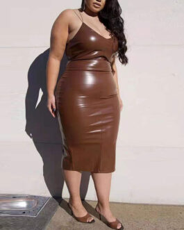 Plus Size Women Clothing plus-Sized Fall Winter Fashion Leather Cami Dress