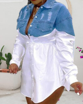 Plus Size Denim Patchwork Shirt Mid-Length Long Sleeve Casual Dress