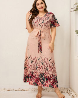 Plus Size Ladies  Bilateral Positioning Printed V-neck Lace up Casual Holiday Swing Dress