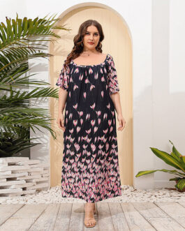 Plus Size Women Loose Home Wear Short Sleeve Dress Floral Print Maxi Dress