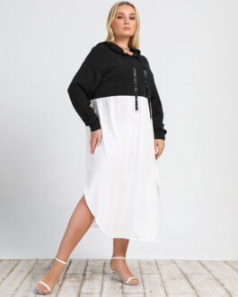 Plus Size Autumn New  Women Clothing Swing Long Sleeve Crew Neck Casual Hooded Black White Contrasting-Color Dress