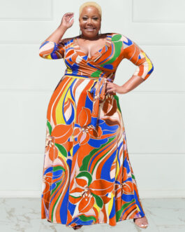 Plus Size Summer Floral Print with Belt Loose  Women Clothing Dress