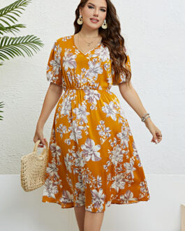 Summer Yellow Printings Waist Slimming Dress Women
