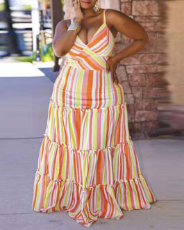 Plus Size Women Dress Yellow Swing Mid-Length Office Printed Dress Colorblock