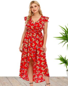 Plus Size Summer  Women Clothes V-neck Printed Dress Beach Dress