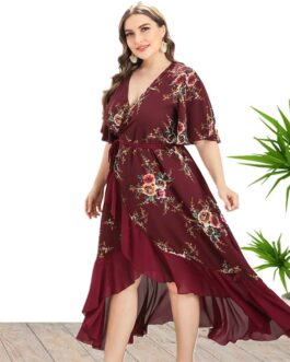 Plus Size Women Clothes Summer V-neck Ruffled Irregular Asymmetric Pattern Print Dress Maxi Dress