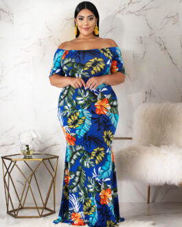 Plus Size Floral Leaf Printed Maxi Dress Hawaii Bandeau One-Shoulder Mopping Dress