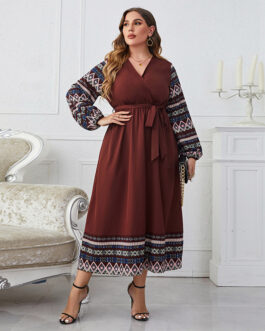 Plus Size Elegant Tied High Waist V neck Women Long Sleeved Dress
