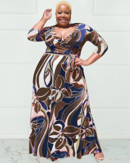 Plus Size Summer Floral Print with Belt Loose  Women Clothing Dress