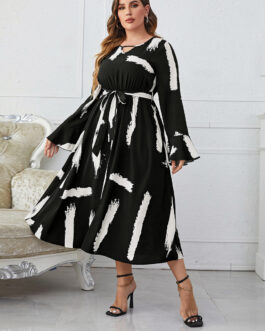 Popular Black White Characteristic Neckline Flared Plus Size Maxi Dress