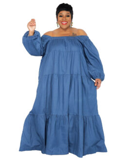 Plus Size Solid Color Denim Fabric Soft Women Swing Ruffled off-the-Neck Dress for Women
