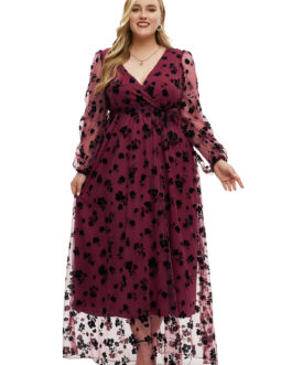 Plus Size Spring V Neck Long Sleeve Lace Up Dress Elegant Dress