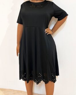 Plus Size Women Clothes Burnt Floral Hollow Out Cutout Out Cinched Short Sleeve Large Swing Dress Solid Color Dress