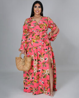 Plus Size New Women Clothing Cardigan Dress Office High Waist Print  Dress