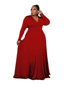 Plus Size Popular   Woman Solid Color V-neck Long Sleeve Mop Formal Dress