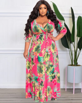 Plus Size Summer  Women Floral Leaf Print Loose  Dress with Belt
