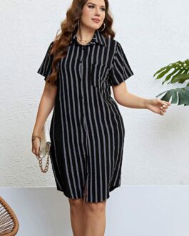 Summer Black Striped Loose Casual Shirt Dress Women