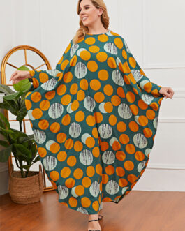 Plus Size Women Loose Casual Green Polka Dot Batwing Sleeve Dress Robe