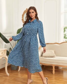 Plus Size Women Dress Polka-Dot Loose-Fitting Long Sleeve Group