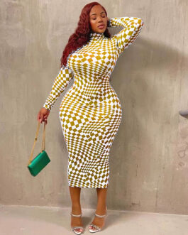 Plus Size Plaid Printed Sexy Tight Long  Dress