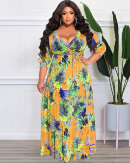 Plus Size Summer  Women Floral Leaf Print Loose  Dress with Belt