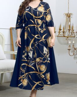 Plus Size Elegant Maxi Dress Belly Covering V Neck Elastic Waist Printed Dress Women Clothing