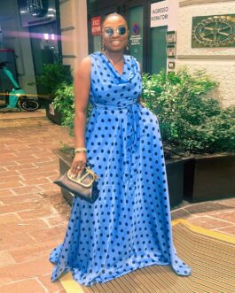 Plus Size Sexy Slim Fit Polka Dot Printed Lace Up Waist Controlled Pleated Mop Dress