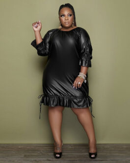 Plus Size Women Dress Faux Leather Office Ruffles
