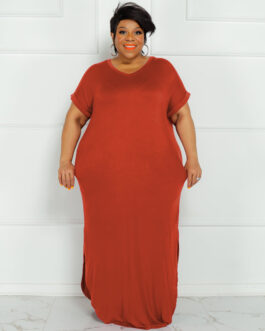 Plus Size Summer New Solid Color round Neck  Dress Slit Hemline at Hem Loose Dress