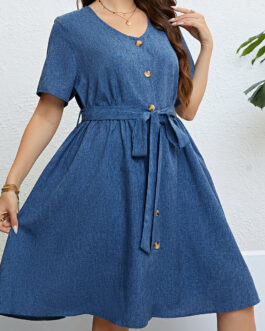Plus Size Summer Blue Denim Lace up Waist Controlled Dress for Women