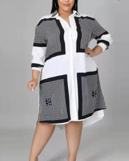 Plus Size Women Clothing Long Shirt Office Loose Printed Dress