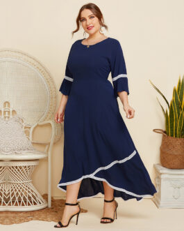 Plus Size Spring Autumn  Women Lace Patchwork round Neck Mid-Sleeve Dress Solid Color Loose