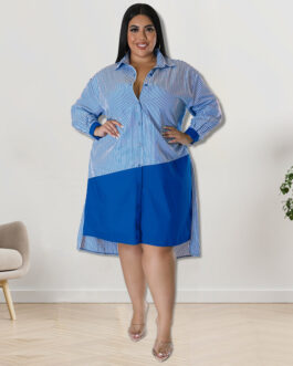 Plus Size Women Clothing Striped Long Sleeved Shirt Dresses