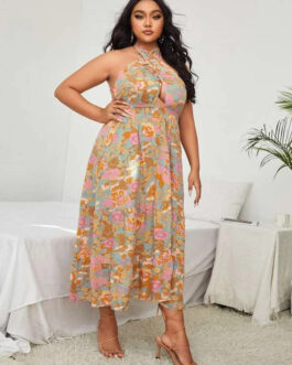 Plus Size Women Clothing Sexy Lace-up Halter Split Print Holiday Dress