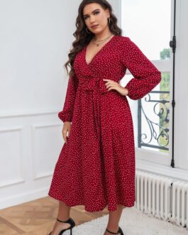 Plus Size Swing Artistic Red  Dress Cotton Office Polka Dot Long Sleeve Women Clothing