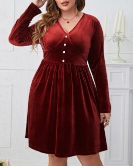 Popular Dark Red V neck Slimming High Waist Long Sleeves Dress