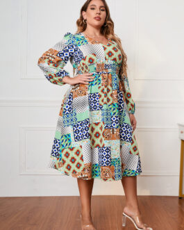 Plus Size Colorblock Loose Women Clothing Long Sleeve Dress